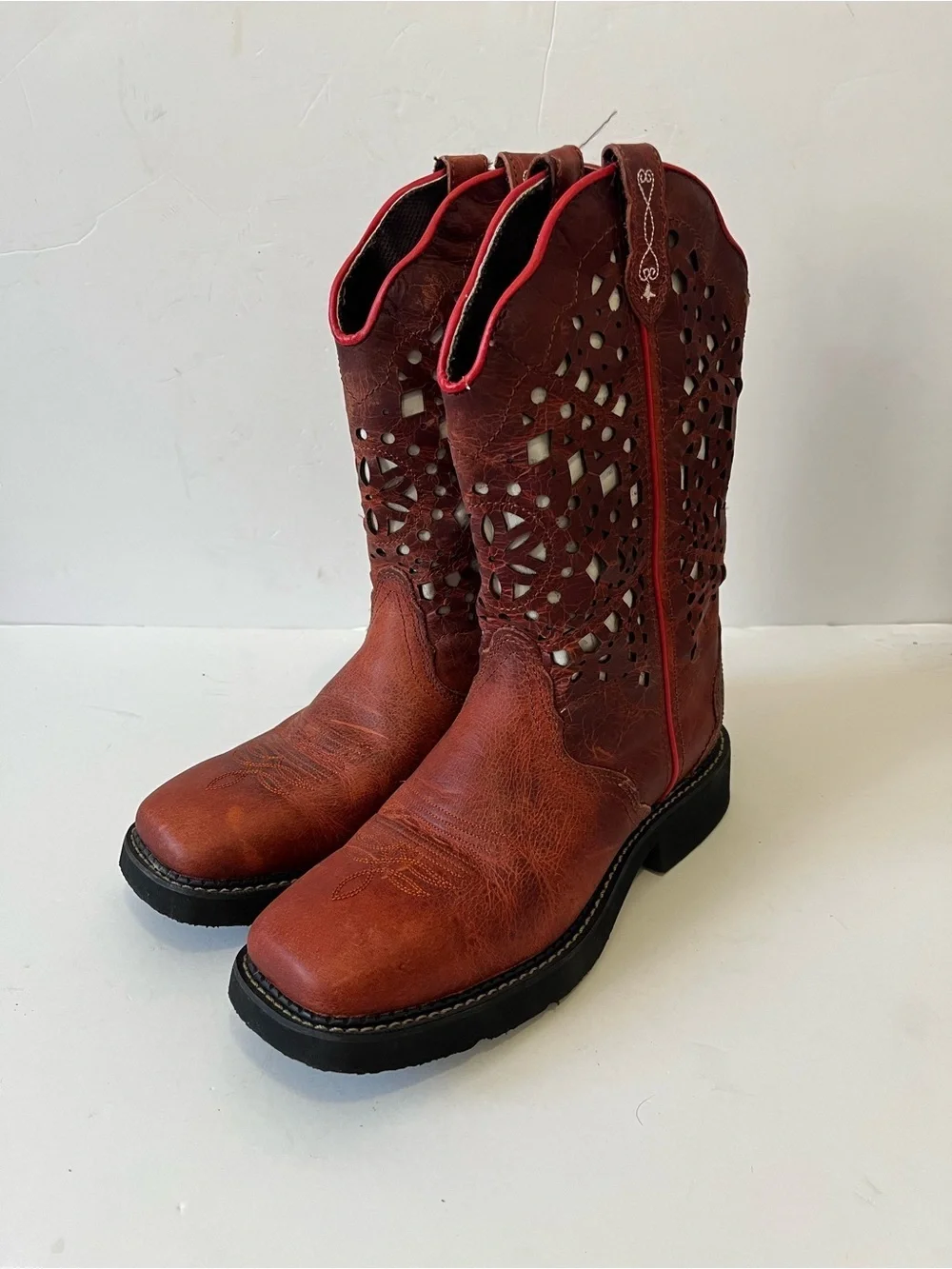 Justin Leather Western Cowboy Boots Women's Red Brown Size 9.5B